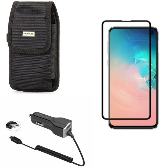 Galaxy S10e Case Belt Clip w Screen Protector w Car Charger - Swivel Holster Rugged, Tempered Glass 5D Curved Edge, 30W Type-C Power for Samsung Galaxy S10e Phone