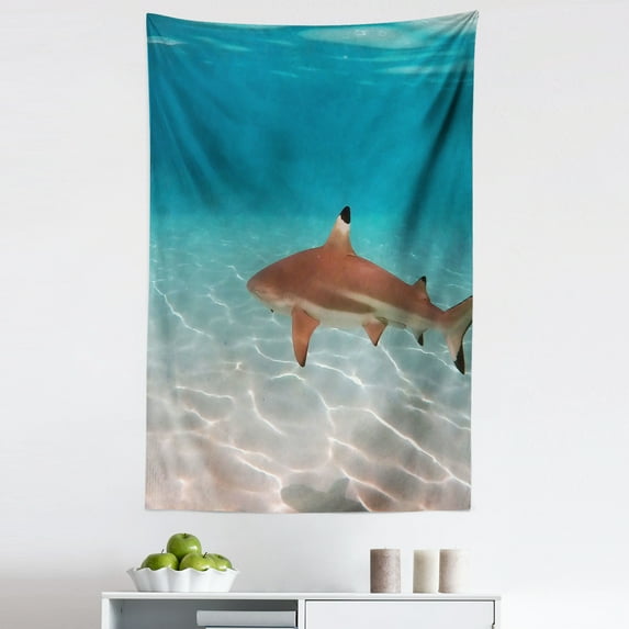 Underwater Tapestry, Blacktip Shark Close up Photo in Moorea Lagoon with Clear Water, Fabric Wall Hanging Decor for Bedroom Living Room Dorm, 5 Sizes, Pale Redwood Teal and Pearl, by Ambesonne