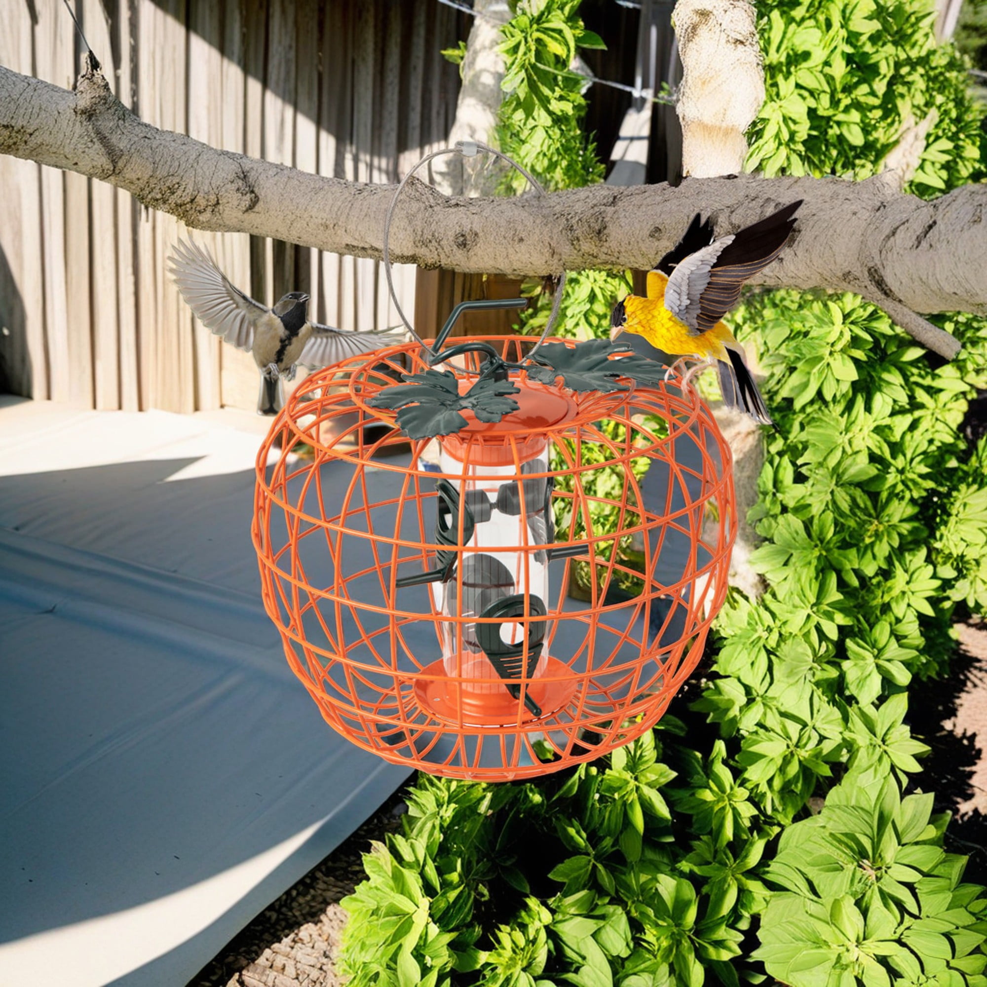Kadyn 16" Metal Hanging Bird Feeder with Cage and 4 Metal Ports, Squirrel-proof Wild Bird Feeder for Outdoors, Orange