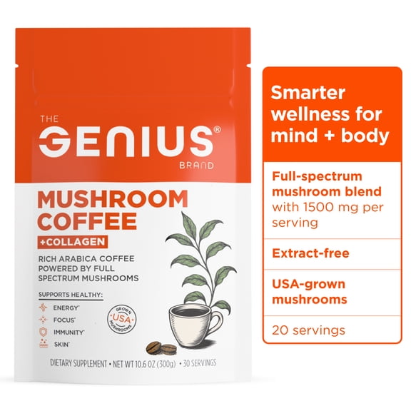 The Genius Brand Mushroom Coffee   Collagen - Daily Energy Support - Healthy Immune Function - Arabica Coffee with Cordyceps, Reishi & Lion's Mane Mushroom Blend - 10.6 oz (30 Servings)