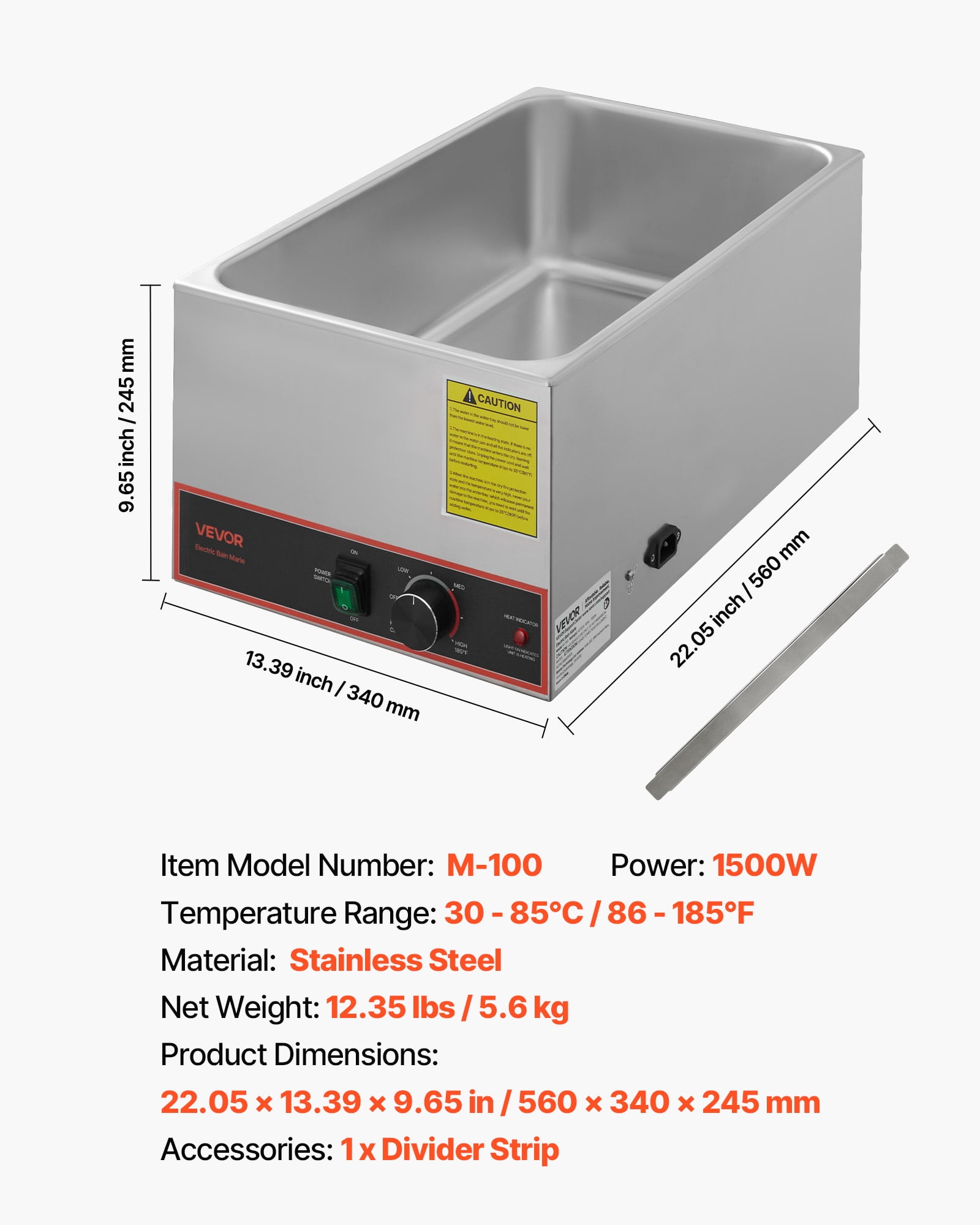 VEVOR Commercial Food Warmer, 1500W Electric Stainless Steel Steam Food Warmer, Fast Heating Countertop Buffet Bain Marie with Power Cord & Divider Strip, for Catering, Restaurants, Parties, Buffets