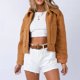 thumbnail image 1 of Chaqueta corta para mujer cuello de solapa abrigo cálido de forro polar chaqueta de piel sintética traje de vacaciones, 1 of 7