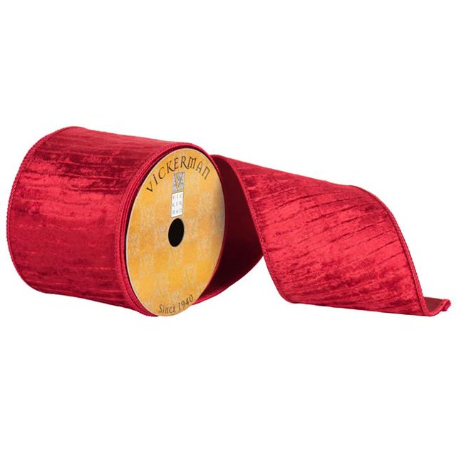 Vickerman Q172189 4 in. x 10 Yard Red Velvet Pleated Metallic Wired Ribbon