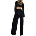 thumbnail image 4 of Qmyliery Women Two-piece Pants Suit, Solid Color Deep V-neck Tie Front Crop Tops and Straight-leg Trousers,S/M/L/XL, 4 of 5