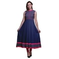 thumbnail image 1 of Bimba Robe Anarkali Bleu Marine à Feuilles, Col Mandarin, Sans Manches, Kurtis pour Femmes, Imprimé, Robe Maxi, Moyen, 1 of 6
