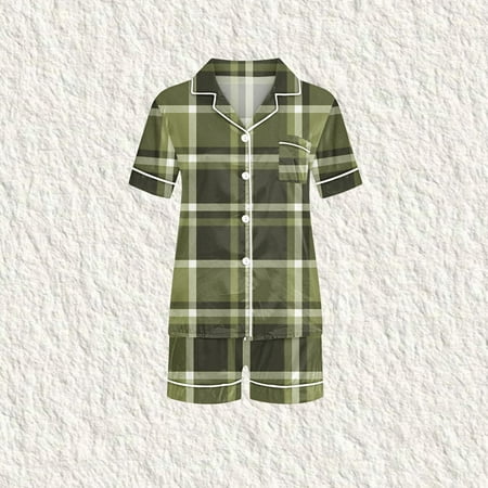 

Ovbmpzd Baby Pajamas Girl Set Green Buttons Plaid Print Polyester Turn Down Collar Tops with Shorts Toddler Robe 2 Years