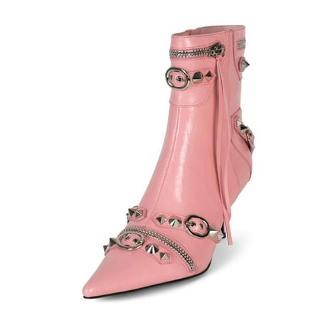 

XYD Women s Fashion Rivets Studded Ankle Boots Pointed Toe Kitten Low Heels Zipped Short Booties Dress Clubs Shoes Size 5 Pink