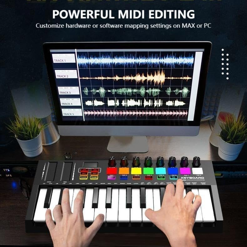 Senfot 25-Key USB MIDI Keyboard Controller with 8 Drum Pads, Knobs, OLED Display, DAW Integration, Music Production Tool for Beginners & Professionals