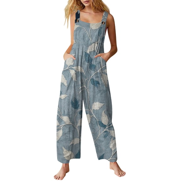 JULMCOMO Cotton Linen Jumpsuits for Women Wide Leg Floral Print Loose Fit Overalls Sleeveless Casual Summer Jumpsuit with Pockets Light Blue 2XL