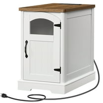 HOOBRO Side Table with Charging Station, End Table with Adjustable Shelf & Glass Door - Compact Nightstand with Power Outlet for Bedroom Living Room, White and Walnut WH276UBZ01