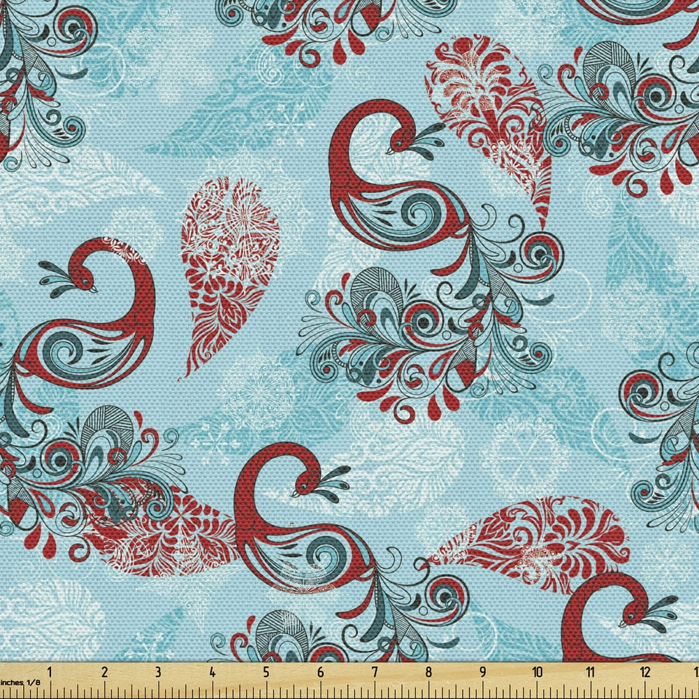 Peacock Fabric by the Yard Upholstery, Peacocks and Snowflakes Classic