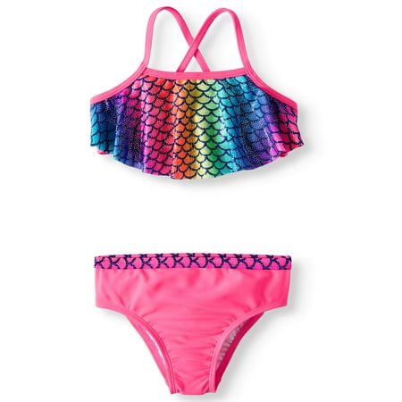 Wonder Nation Ruffle Trim Bikini Swimsuit (Toddler (Best Swimming Suit Brands)