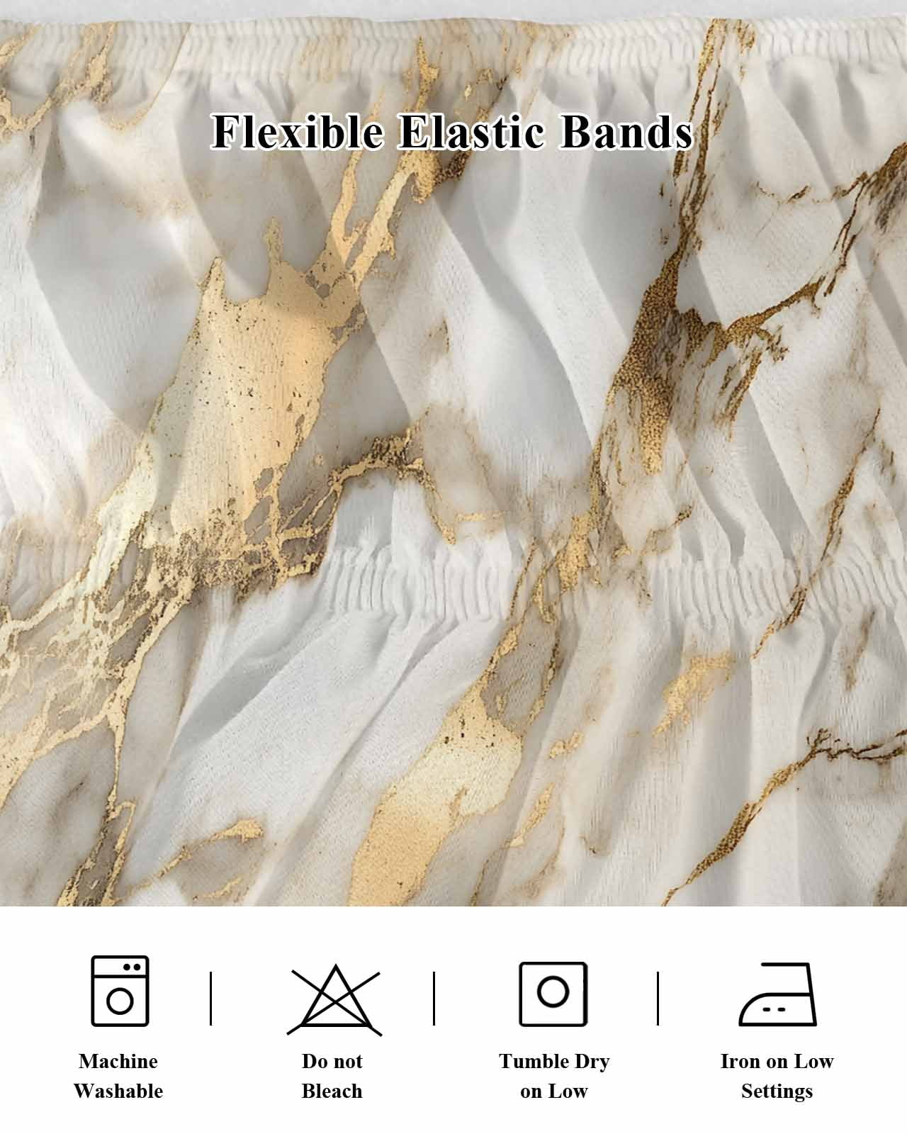 Marble Gold Wrap Around Bed Skirts for Queen Bed 16" Drop,Bed Skirt with Adjustable Elastic Belt Dust Ruffle Bed Valance for Bedroom Hotel Abstract Luxury Wave Gold Marbling Modern Bed Frame Cover