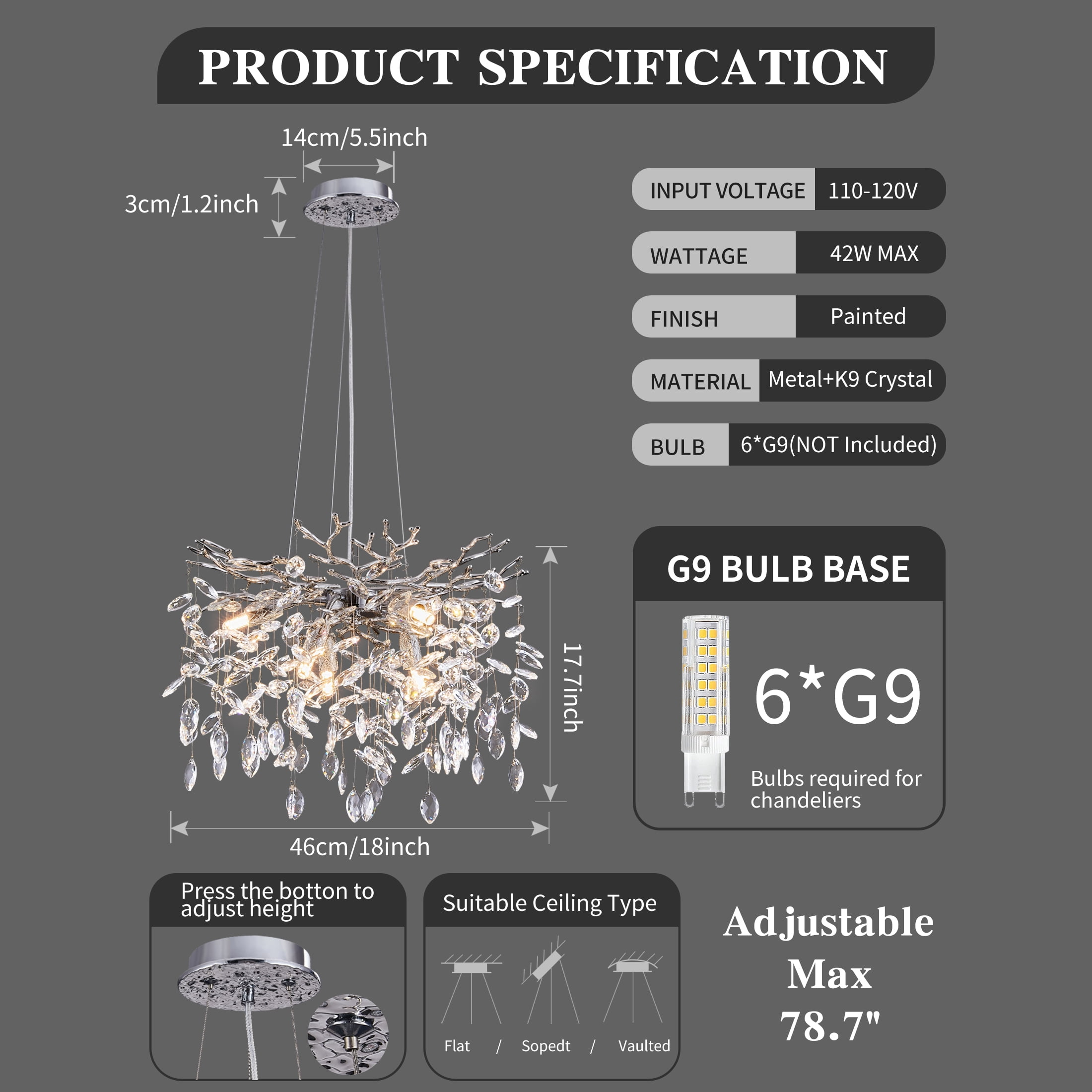 Modern Tree Branch Crystal Chandelier Luxury Silver Crystal Pendant Lighting 18" Contemporary 6-Light Chandeliers for Dining Room Kitchen Bedroom Living Room