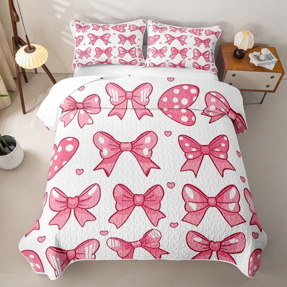 Erosebridal 3D Cartoon Bowknot Print Kids Twin Quilt Set,Girls Pink Bowtie Twin Coverlet Set,2pcs