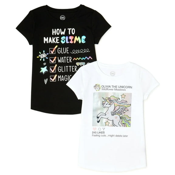 Olivia the Unicorn Big Girl's 2-pack T-Shirts, White & Black (XL 14/16)