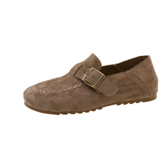 Women's Retro Suede-Like Moccasin Shoes - Round Toe Flat Loafers with Buckle Detail for All-Season Daily Wear Loafers