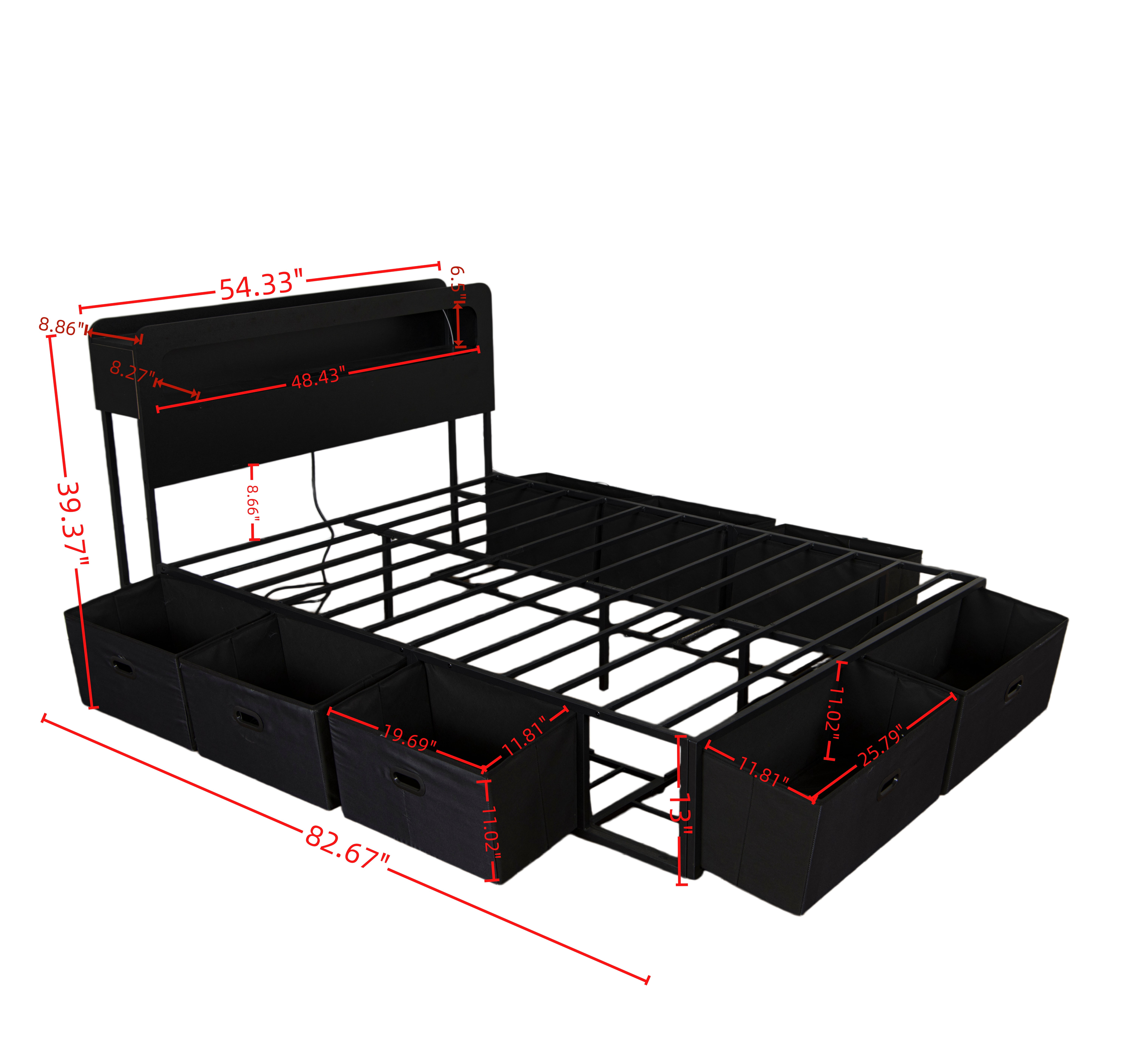 Mintazer Full Size Bed Frame with LED Headboard, Modern Platform Bed Frame with Charging Station & 8 Fabric Underbed Storage Drawers, Black