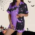 thumbnail image 2 of Tnhcen Women's Halloween Cute Print Pajama Set Short Sleeve Collared Button Up Shorts Sleepwear Comfortable Home Wear S-2XL Purple, 2 of 8