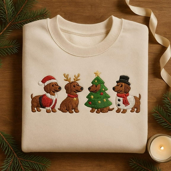 Embroidered Christmas Dachshund Sweatshirt, Sausage Dog Hoodie, Holiday Wiener Dog Shirt, Dog Lover Crewneck, Festive Puppy Tee