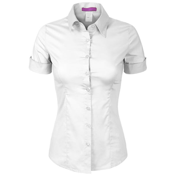 Made by Olivia Women's Junior Fit Short Sleeve Stretchy Button Down ...