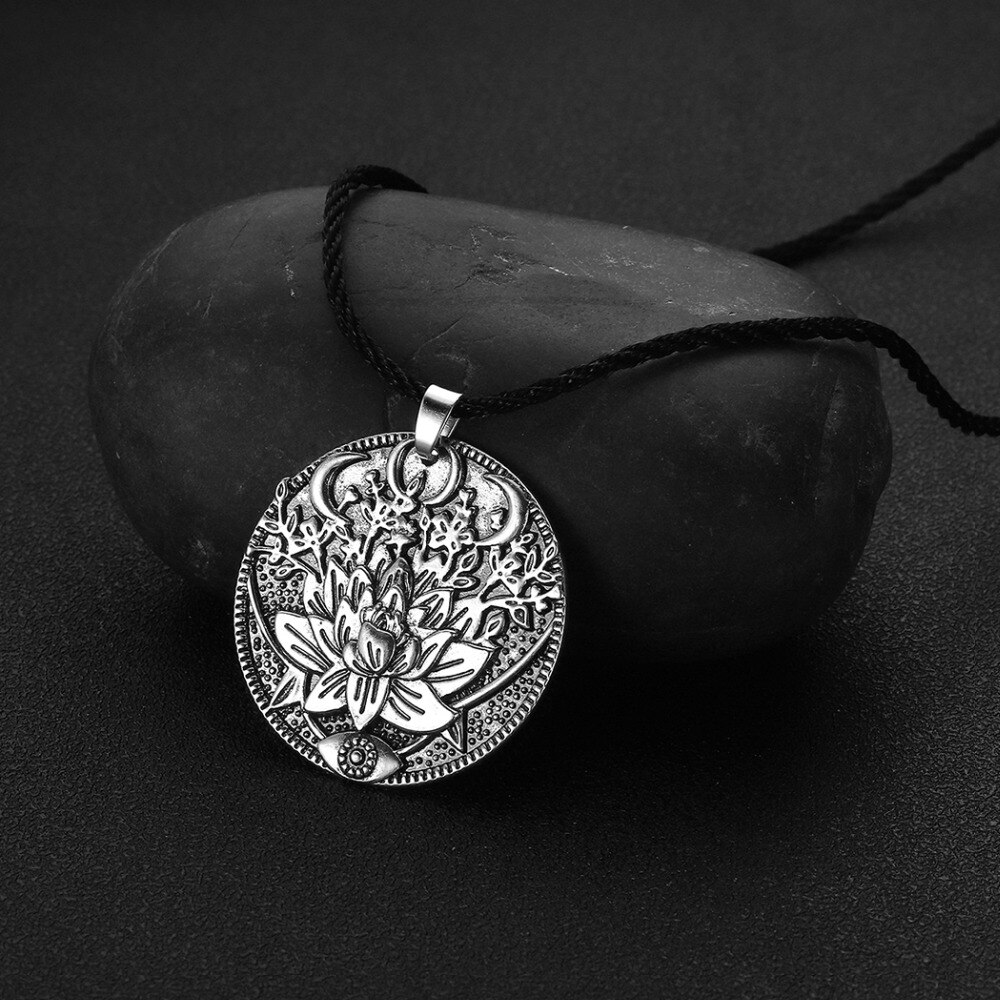 Triple Moon Goddess With a Lotus Flower Evil Eye Necklace Engraved