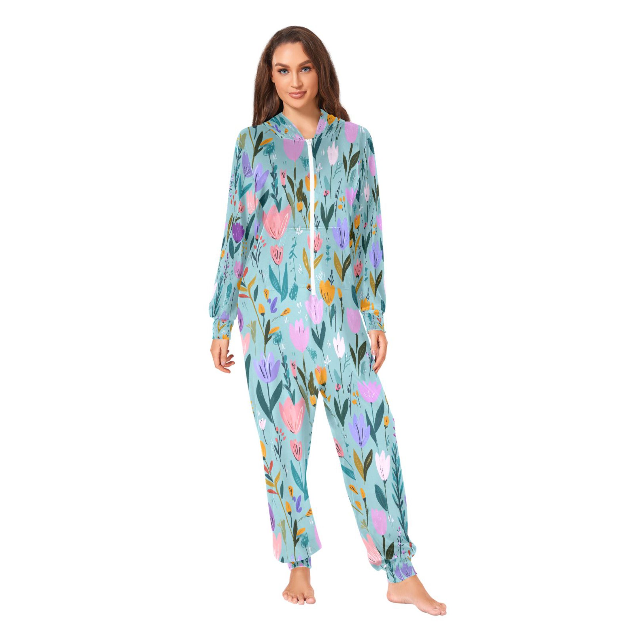 Adult Christmas Onesie Flowers Are Lovely Adult Zipper One-Piece Pajamas Unisex Pajamas with Pockets