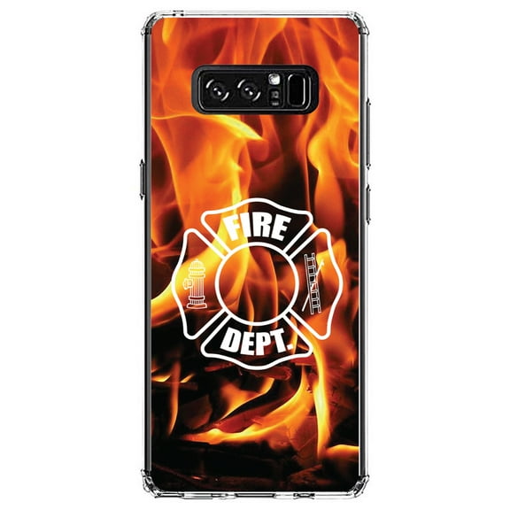 DistinctInk Clear Shockproof Hybrid Case for Samsung Galaxy Note 8 - TPU Bumper, Acrylic Back, Tempered Glass Screen Protector - Flames Fire Department Maltese Cross - First Responders