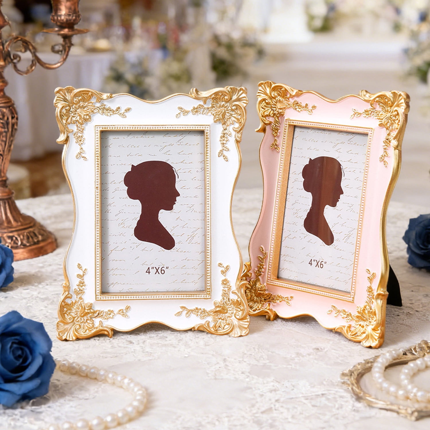 4x6in Vintage Ornate Picture Frame, French Rococo Style Resin Tabletop Photo Frame with Stand, Gold Relief Floral Design, Desktop Decor,White