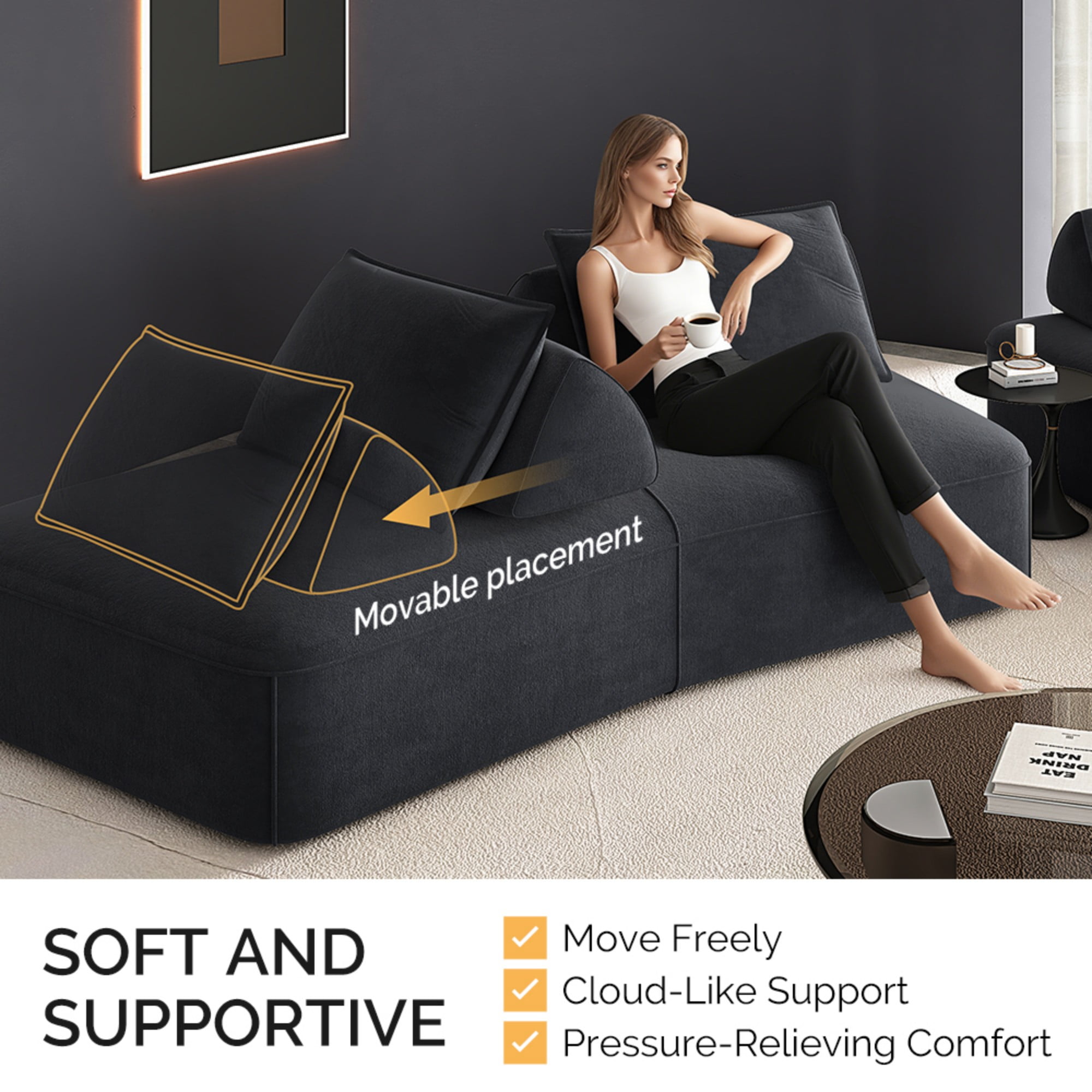 avobird 139" Modern Light Luxury Oversized Modular Sectional Sofa,Chenille Sofa with Removable Backrests and Soft Throw Pillows,Deep-Seated Sofa Suitable for Living Rooms and Offices,Dark Gray