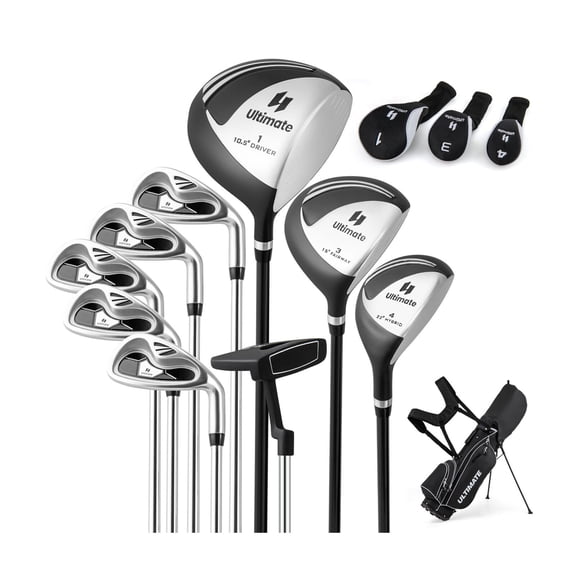 Men's Complete Golf Club Set, 10 Pieces, Black, Driver, Fairway Wood, Hybrid, Irons, Putter, Stand Bag
