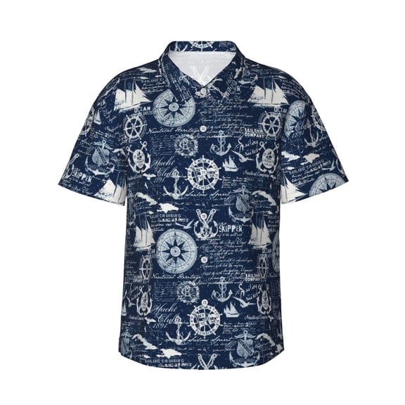 Gukieu Sailing Cruises Nautical Print Men's Short-sleeved Shirts, Button-down Lapel Hawaiian Shirts, T-shirts, Beach Vacation Summer Casual Wear,Small
