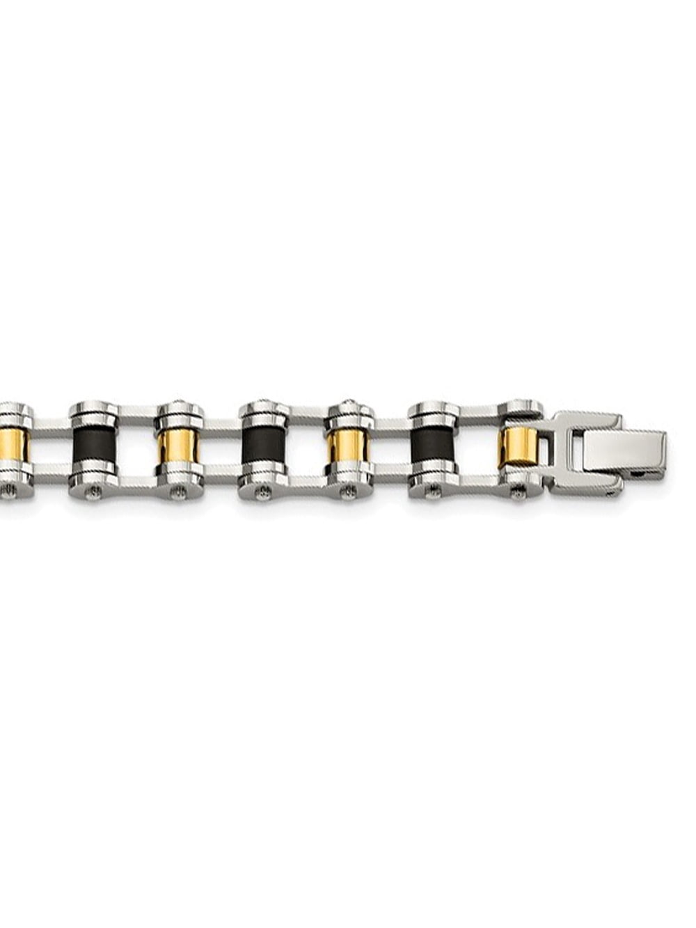 Stainless Steel Mens Gold Plated and Black Rubber Bracelet -- 8.75 inches for Men