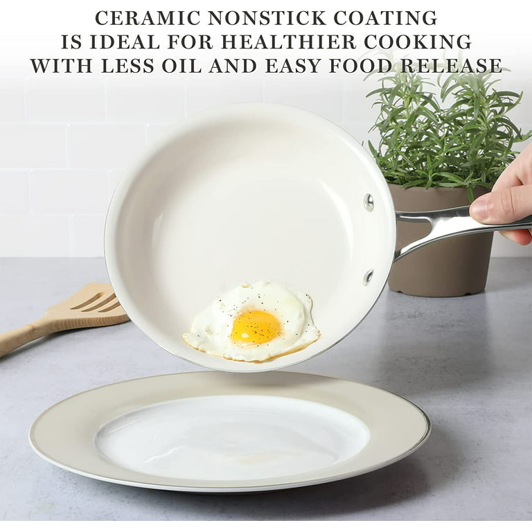 10 Piece Enameled Heavy Gauge Aluminum Ceramic Nonstick Cookware Set in Butter Cream - Beige