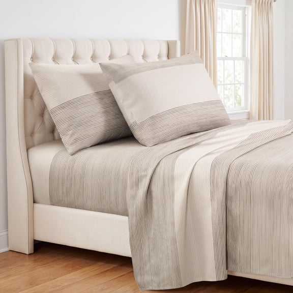 Southshore Fine Linens Quiet Horizon Taupe Striped Patterned Sheet Set, Ultra Soft Brushed Microfiber, 15 Inch Deep Pocket, 4 PCS, 1 Flat Sheet, 1 Fitted Sheet and 2 King Pillowcases, King