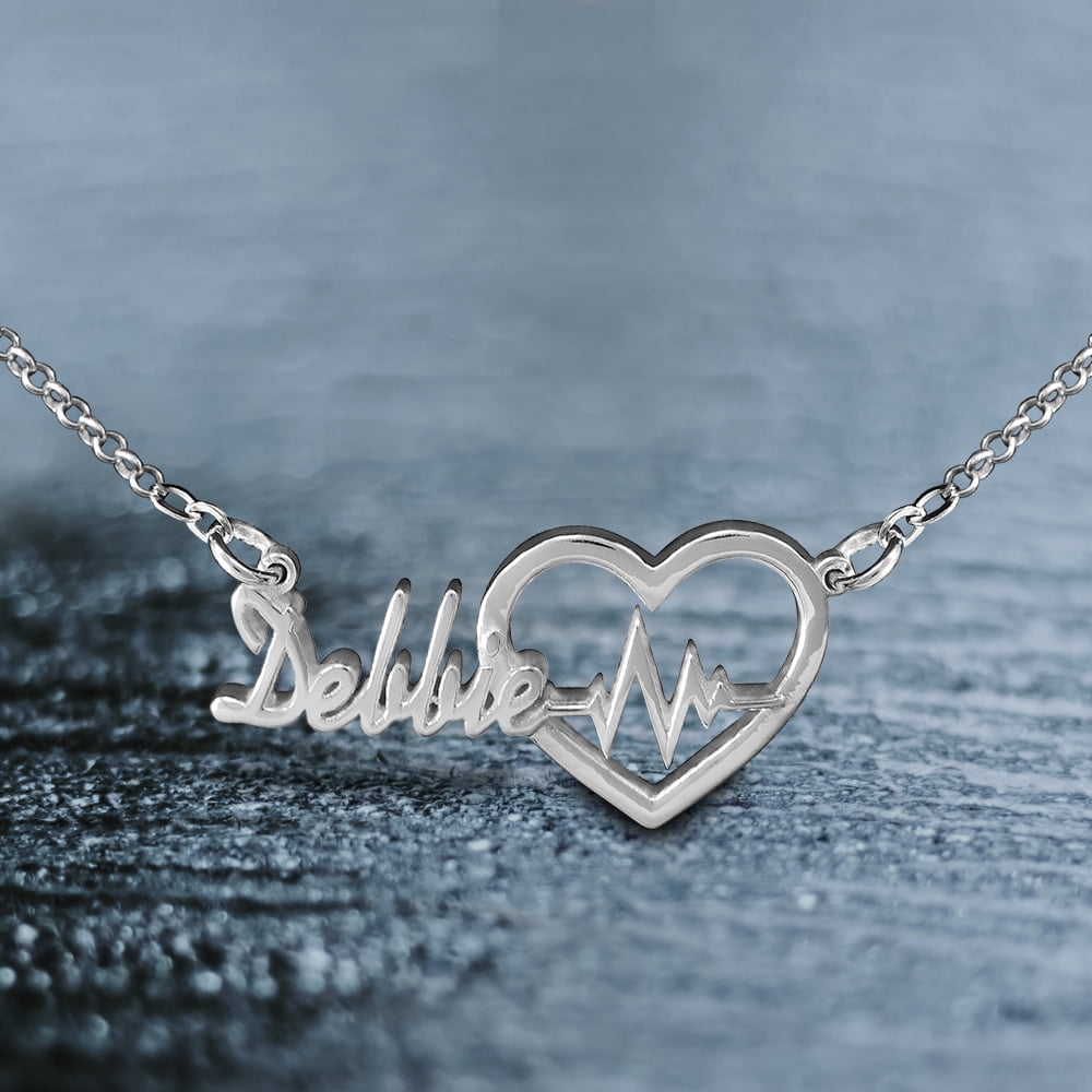 ♥ Personalized Heart Beat Name Necklace in Sterling Silver