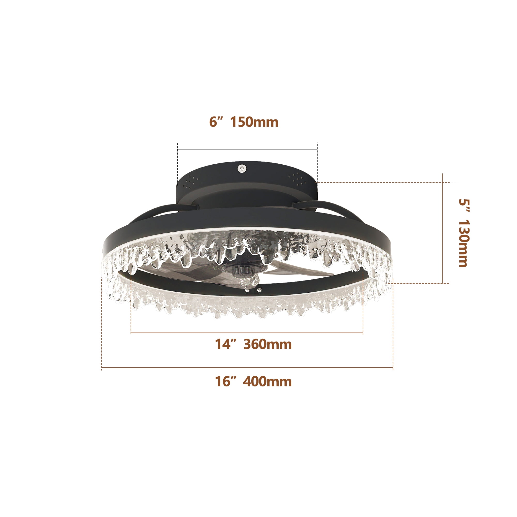 Low Profile Ceiling Fan with Lights and Remote, 15.7 Inch Black Flush Mount Fandelier, Dimmable 3-Color LED Crystal Fan for Bedroom