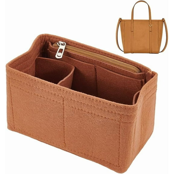 Felt Handbag Insert Organizer Felt Zipper Tote Bag Insert Rectangle Purse Organizer Bag In Bag Multiple Compartments Bag Insert Interior Shaper 7.1x3.5x4.3 Inch Camel Camel