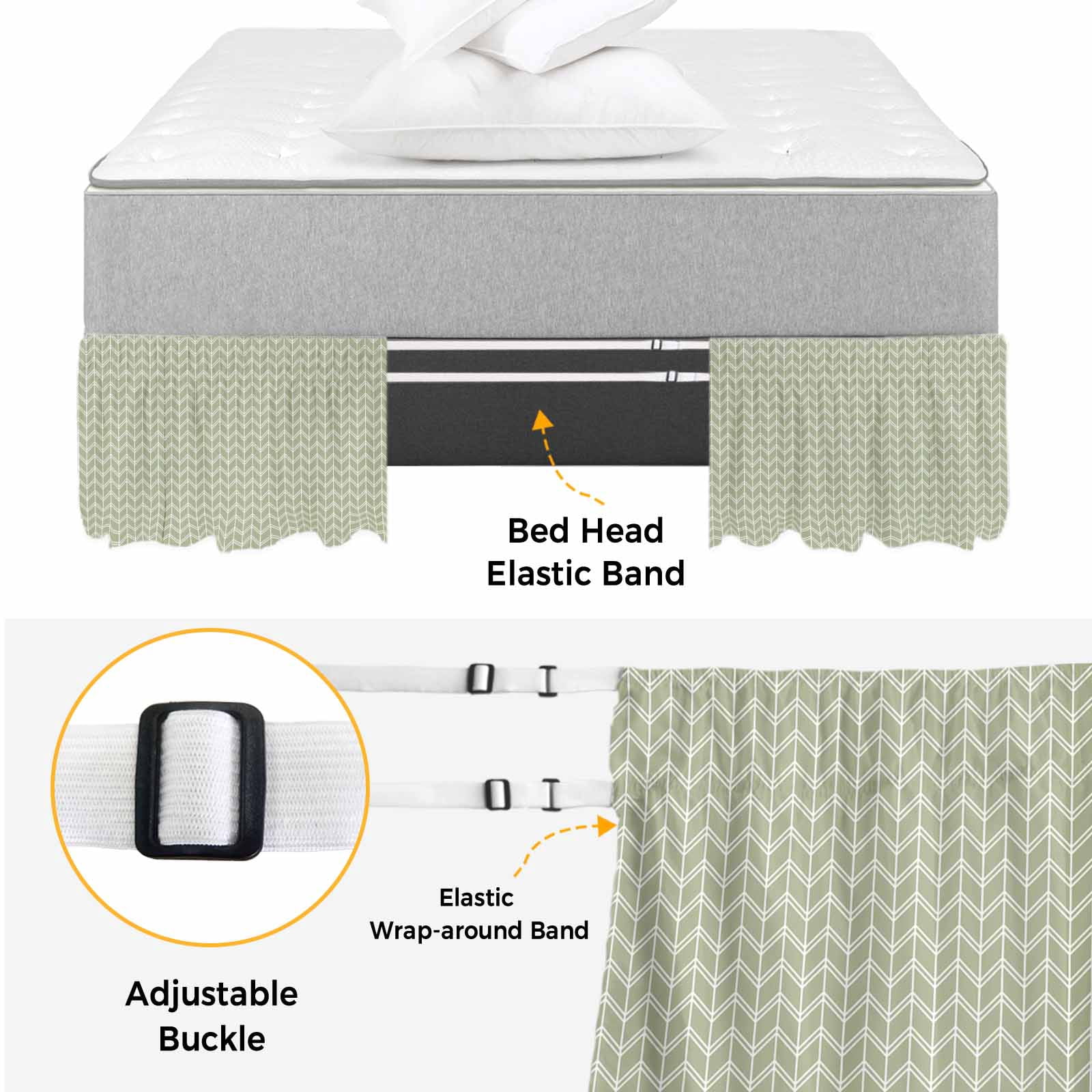 Bed Skirt Striped Adjustable Elastic Wrap-Around Dust Ruffle with Abstract Chevron White Line Sage Green Bohemian 18 Inch Drop, Bed Frame Cover for Queen Size Bed