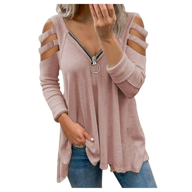 Ketyyh-chn99 Chandails pour Femmes Mode Blouse Ample T-Shirt à Manches Longues Col Ras du Cou pour Femmes Rose,P
