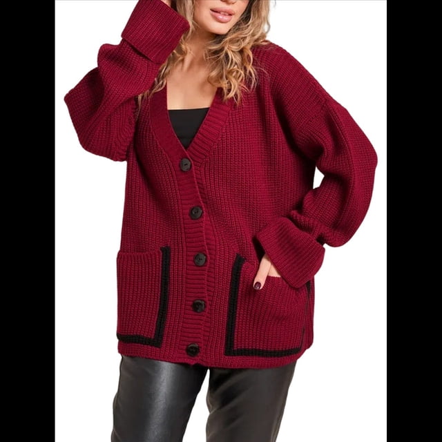 Cárdigan de Punto Grueso para Mujer, Larga, Cuello en V, Botones y Bolsillo, para Otoño e Invierno. Rojo XL
