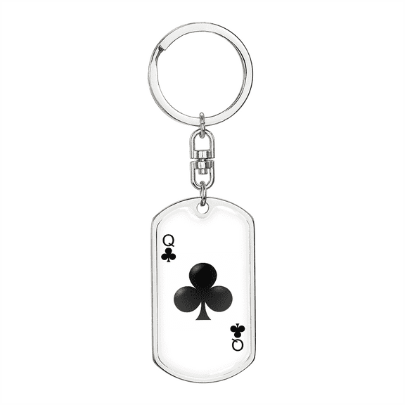 Queen of Clubs Gambler Plain Stainless Steel or 18k Gold Premium Swivel Dog Tag Keychain