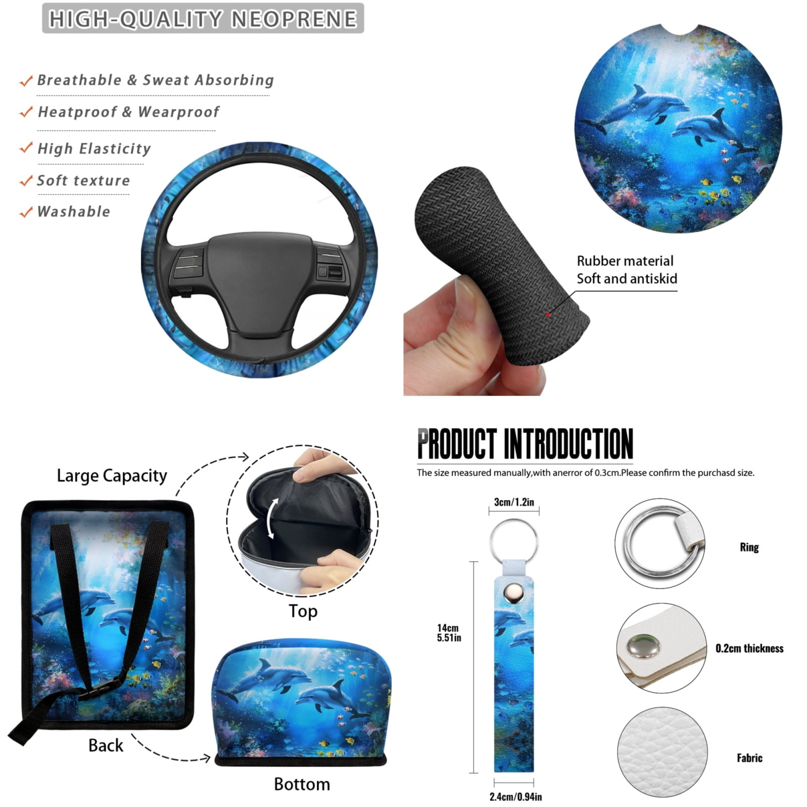 Jeiento Dolphin Car Interior Accessories Full Set Car Seat Covers Steering Wheel Covers Seat Belt Covers Trash Can Coasters Auto Rear View Mirror Covers Keychains Lipstick Covers 13pcs Blue Ocean