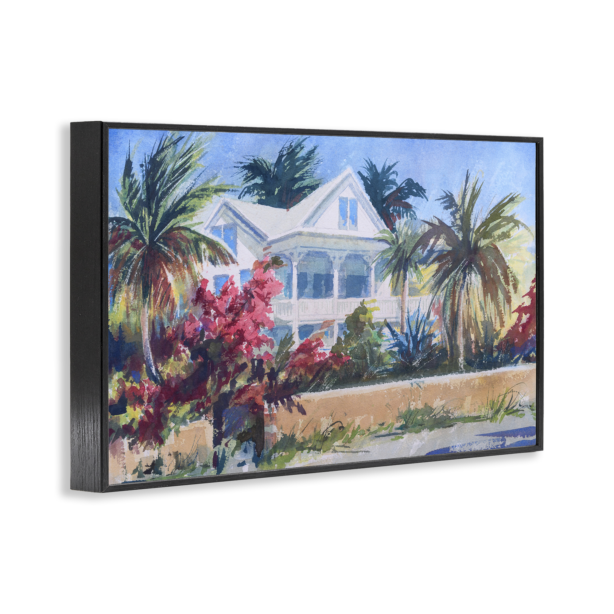 Stupell Industries Palm Tree Cottage Landscape Painting Black Framed Art Print Wall Art, 30 x 20
