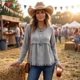 thumbnail image 4 of Linen Blouses for Women Summer Cute Fringe Long Sleeve Modest Tunic Tops Casual Y2k Baggy Crew Neck Plain T Shirts Gray XXL, 4 of 7