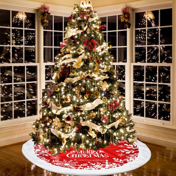 Tree Skirt, 48 inches Christmas Tree Skirt, Merry Christmas Happy New Year Holiday Indoor Outdoor Festival Supermarket Decorations