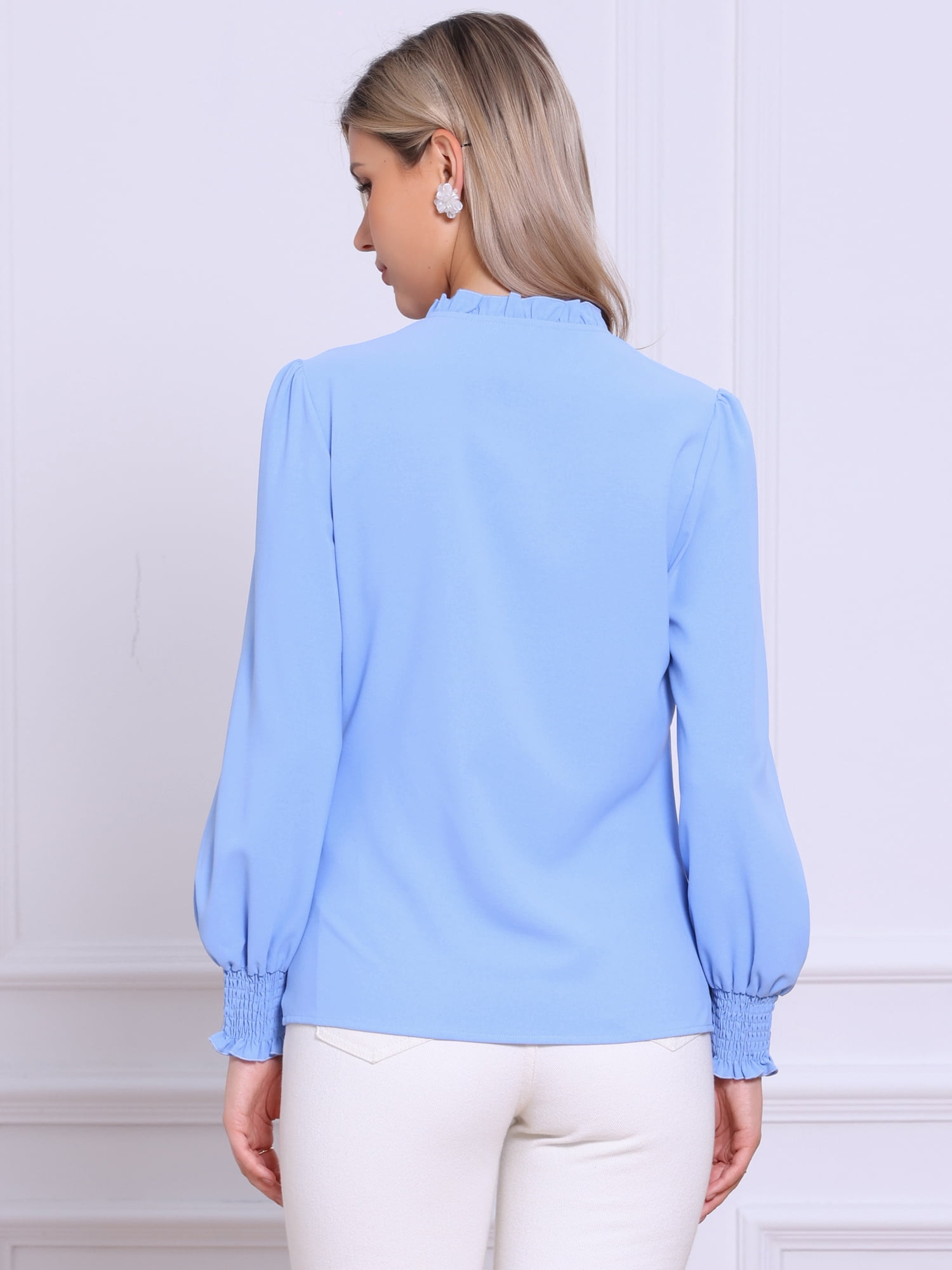 DARING DIVA Women's Vintage Ruffle V Neck Puff Long Sleeve Shirts XS Blue