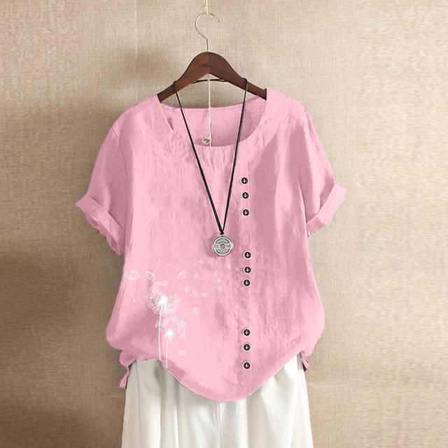 Xuyuer Top Womens Shirt Casual Blouse Loose Button Linen Plus Size Sheer Pullover Daily Boho Tunic T-Shirt Tops Summer Round Neck Casual Dressy Blouses Casual Jacquard Boho Blouse