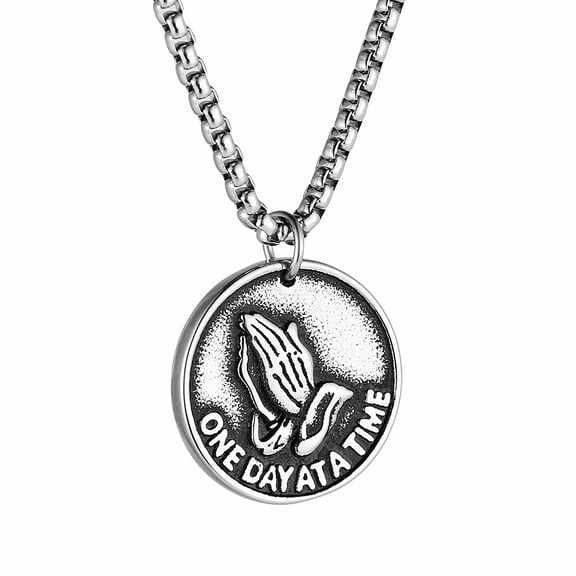 HZMAN Serenity Prayer Medal Stainless Steel Necklace Praying Hands Pendant for Men Women