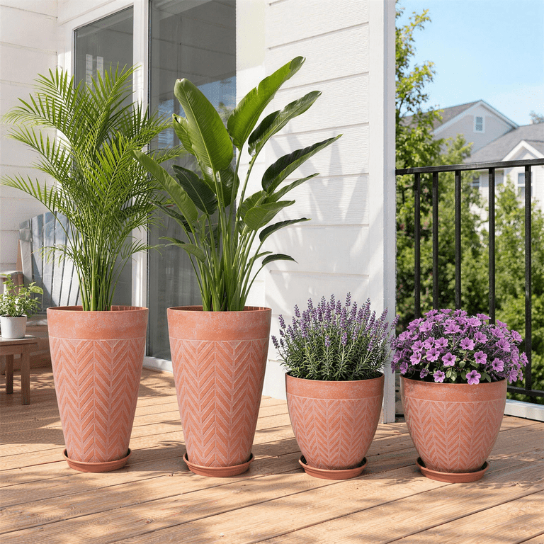 4-Piece Faux Terracotta Tall Planters With Herringbone Texture photo 2